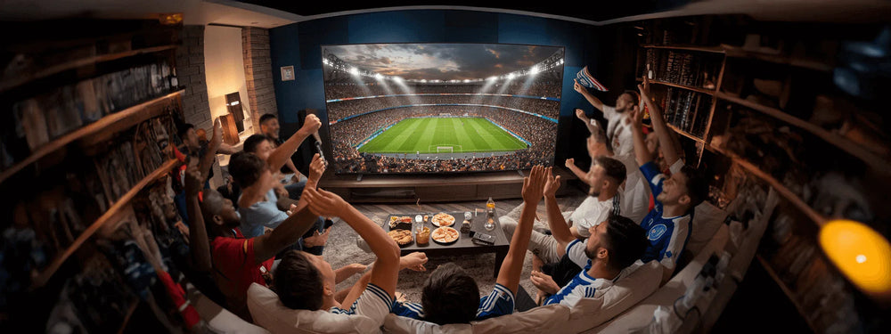 Friends watching live football in 4K with an IPTV subscription on a large screen TV